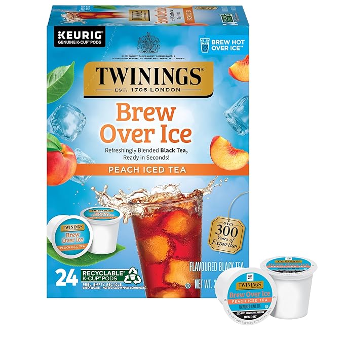 Twinings Brew Over Ice Unsweetened Peach Black Iced Tea K-Cup Pods for Keurig, 24 Count (Pack of 1), Caffeinated