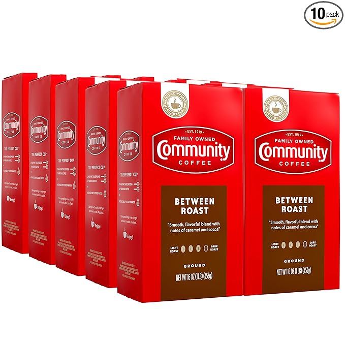 Community Coffee Between Roast 160 Ounces, Medium Dark Roast Ground Coffee, 16 Ounce Bag (Pack of 10)