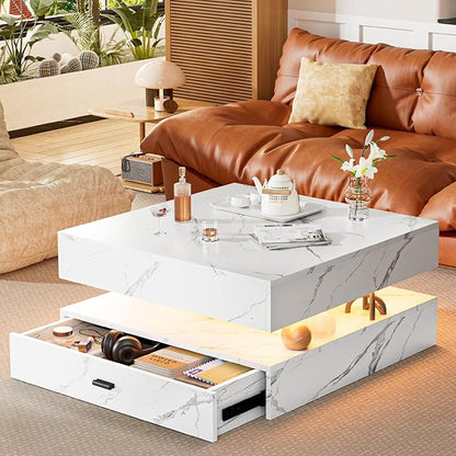 LED Coffee Table for Living Room, 2-Tier Living Room Table Square Center Table, Modern Coffee Tables with Storage, Middle Wooden Tea Tables for Home Office (Marble)