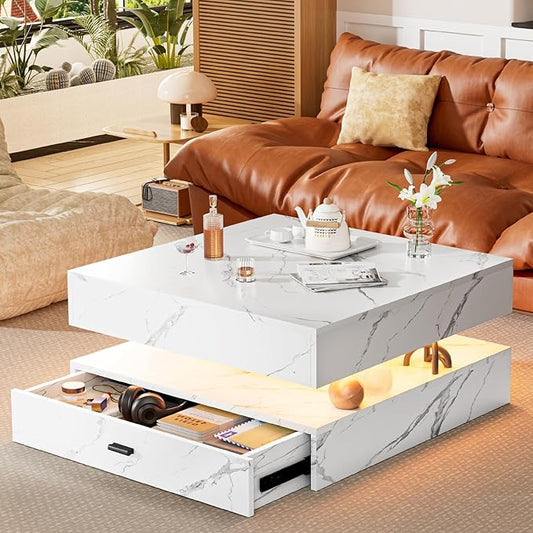 LED Coffee Table for Living Room, 2-Tier Living Room Table Square Center Table, Modern Coffee Tables with Storage, Middle Wooden Tea Tables for Home Office (Marble)