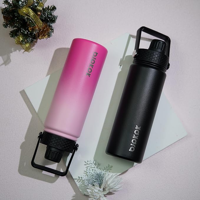 BJPKPK 2 Pack Insulated Water Bottles with Straw Lids, 22oz Stainless Steel Metal Water Bottle with 6 Lids, Leak Proof BPA Free Jugs, Cups, Flasks for Travel, Sports (Cherry+Black)