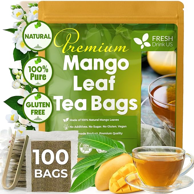 FreshDrinkUS, Premium 100 Mango Leaf Tea Bags, 100% Natural & Pure from Mango Leaves. Loose Leaf Herbal Tea. No Sugar, No Caffeine, No Gluten, Vegan.