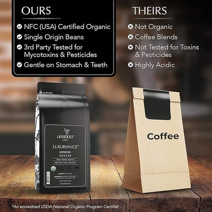 Lifeboost Organic Espresso Ground Coffee - Non-GMO Low Acid Single Origin USDA Shade Grown Organic Espresso Coffee - Third Party Tested For Mycotoxins & Pesticides 12oz Bag