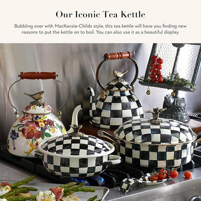 MACKENZIE-CHILDS Enamel Tea Kettle, Cute Kitchen Kettle for Stovetop, 3-Quart Capacity, White Flower Market with Bird Topper