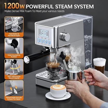 Espresso Machine, 20Bar Compact Stainless Espresso Maker, With Milk Frother Steam Wand, 57.5OZ Water Tank, Displays Making Time & Water Temperature, Cold Brew, Silver (2025 updated model)