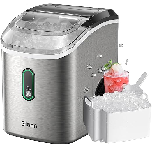 Silonn Nugget Ice Maker Countertop, Pellet Ice Machine with Self-Cleaning Function, Sonic Ice Maker Produces 33lbs of Chewable Ice in 24 Hours, Ideal for Home Kitchen and Office, Stainless Steel