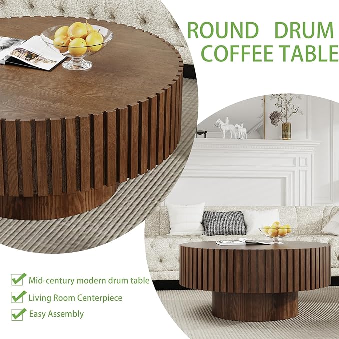 Artisan-Crafted Round Fluted Coffee Table - Solid Wood Drum Base with Detailing, Handmade Circular Centerpiece for Living Room, Rustic Modern Home Decor (D Walnut 31in)
