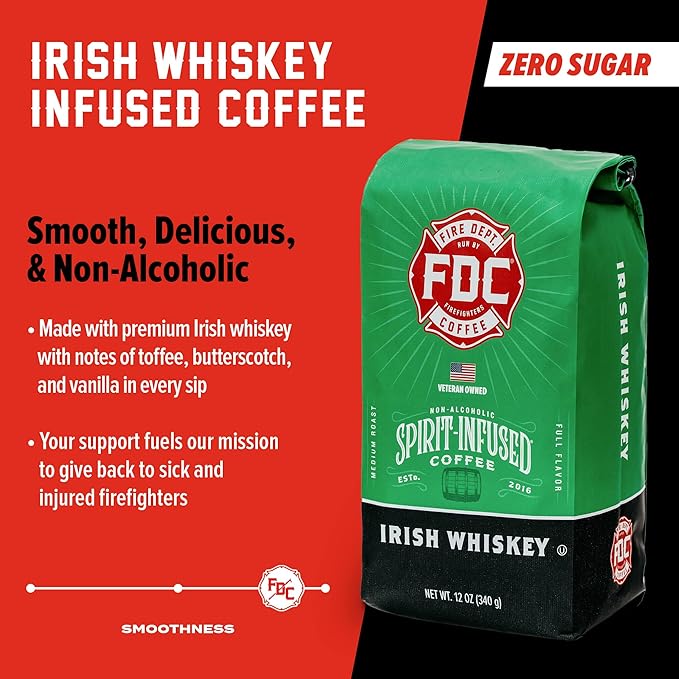 Fire Department Coffee - Gives Back to Firefighters - Irish Whiskey Infused Ground Coffee - Medium Roast - Non-Alcoholic - Roasted in the USA - Veteran Owned (12 oz, Pack of 2)