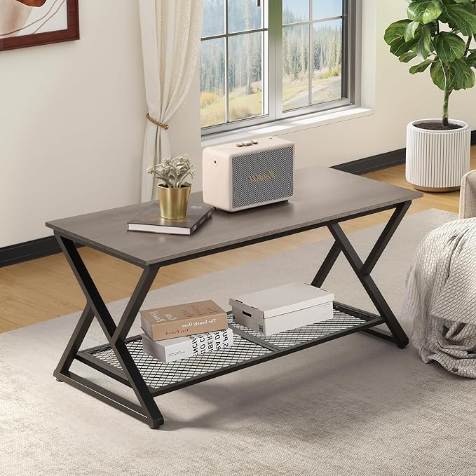 SENIG Coffee Table with Storage Shelf, Industrial Metal Wood Living Room Tables, Rectangle Center Table 39 Inch, Vintage Simple 2 Tier Cocktail Table, Grey