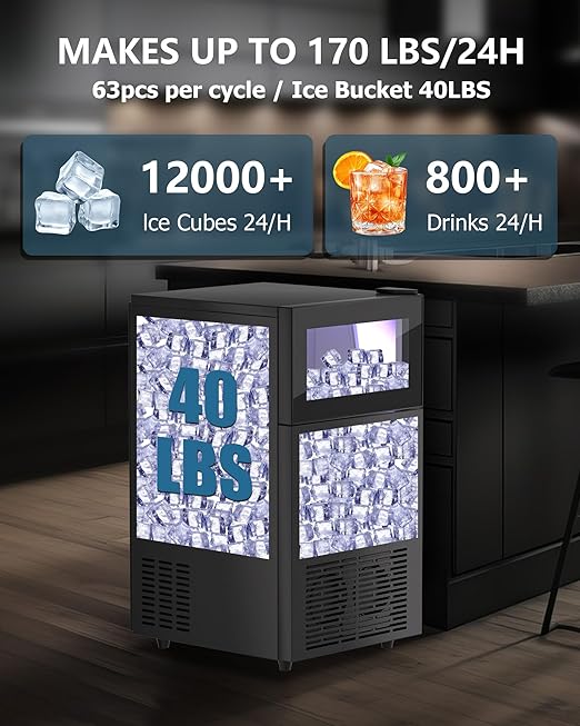 Commercial Ice Maker Machine 𝟏𝟕𝟎 𝐋𝐛𝐬/𝐃𝐚𝐲, Undercounter Ice Makers 40Lbs Storage Bin and 63 Ice Trays, Outdoor Ice Maker Brushed Metal with Water Line, Ice Scoop, for Home, Bar, Party