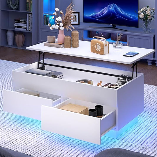 HOMMPA 40'' Lift Top Coffee Table, White With Storage for Living Room, LED Modern Design, 2 Drawers & Hidden Compartment