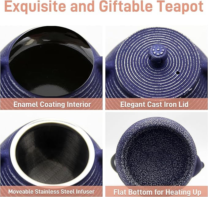 Cast Iron Teapot, 20.3oz Small, Enameled Interior, Stainless Steel Infuser for Loose Tea (Blue Pinstripe Pattern)