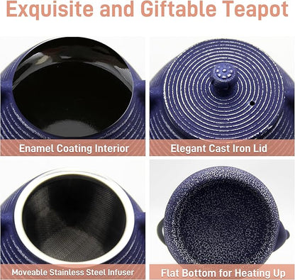 Cast Iron Teapot, 20.3oz Small, Enameled Interior, Stainless Steel Infuser for Loose Tea (Blue Pinstripe Pattern)
