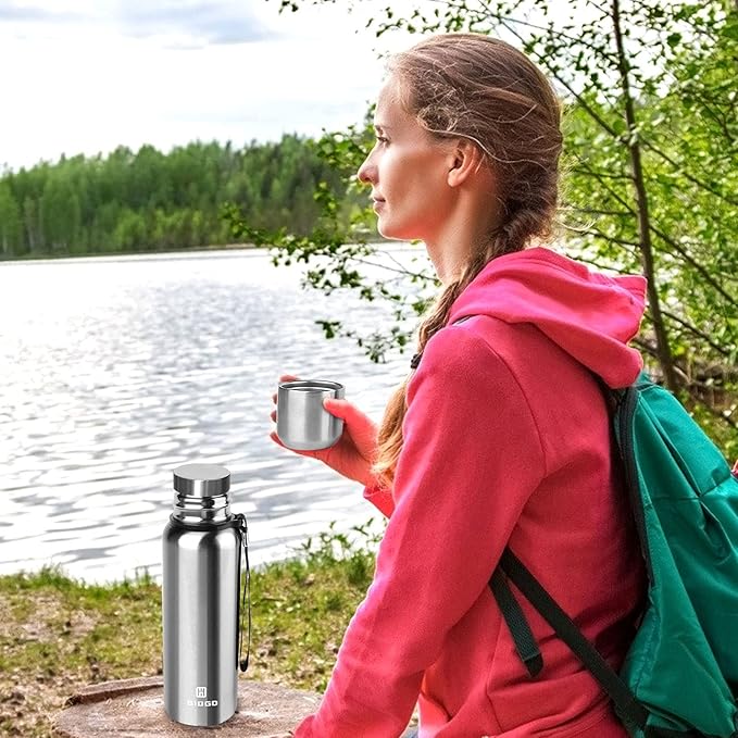 Insulated vacuum Thermo Bottle 750ml/25.4oz with cup Stainless steel coffee bottles for hot and cold drink water flask.(Silver,750ml)