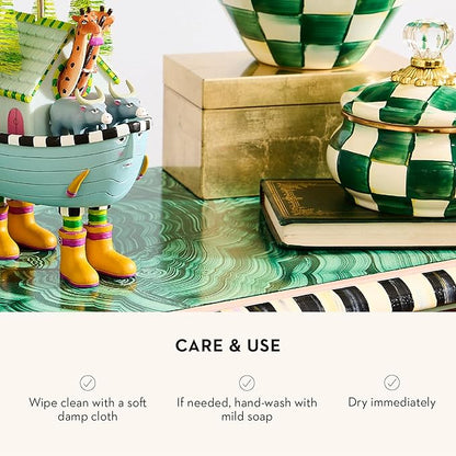 MACKENZIE-CHILDS Enamel Squashed Pot, Cute Enameled Container with Lid, 20 Ounces, Green-and-White Emerald Check