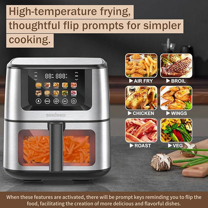 SEEDEEM Max XL Air Fryer 8QT, 10-in-1 Digital Air Fryer Oven with Color Touchscreen & Viewing Window, Toaster Oven Combo for Broil, Roast, Dehydrate, Bake – Silver