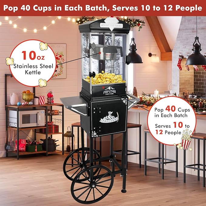 Popcorn Machine with Cart, Wheels & 10 Oz Kettle Popcorn Maker, Movie Theater Popcorn Maker Machine, Home Theater Popcorn Popper Measuring 3 Plastic Spoons