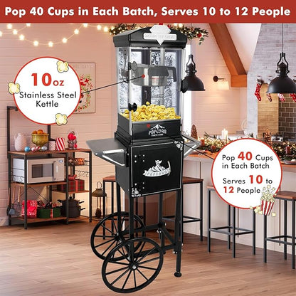 Popcorn Machine with Cart, Wheels & 10 Oz Kettle Popcorn Maker, Movie Theater Popcorn Maker Machine, Home Theater Popcorn Popper Measuring 3 Plastic Spoons