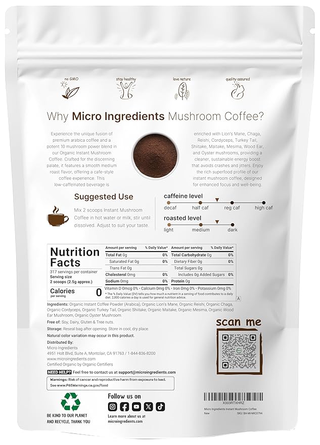 Organic Instant 10 in 1 Mushroom Coffee Powder, 28 Ounce (317 Servings) | Weight & Immune Support | Premium Arabica Coffee with Lion’s Mane, Chaga, Reishi,& More