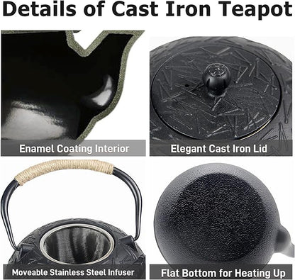 60.9oz YJX Cast Iron Teapot, Japanese Tetsubin Tea Kettle for Stovetop Safe, Cast Iron Tea Pot with Infuser for Loose Leaf, Black Kettle Teapot, Good Gift For Tea Lovers(1800ml)