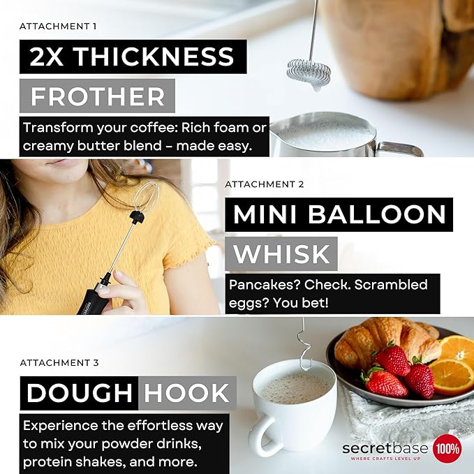 Secretbase 3 Speed Rechargeable Milk Frother and Cup Set, Cordless USB Type-C Charging Cradle - Handheld Milk Frother, Double-thickness Whisk, Tiny Egg Beater, Mini Electric Coffee Stirrer(Black)