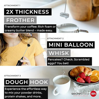 Secretbase 3 Speed Rechargeable Milk Frother and Cup Set, Cordless USB Type-C Charging Cradle - Handheld Milk Frother, Double-thickness Whisk, Tiny Egg Beater, Mini Electric Coffee Stirrer(Black)