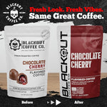Load image into Gallery viewer, Blackout Coffee Chocolate Cherry Flavored Ground Coffee – Medium Roast, Smooth Taste, Guilt-Free Indulgence – Freshly Roasted 12oz Pouch.