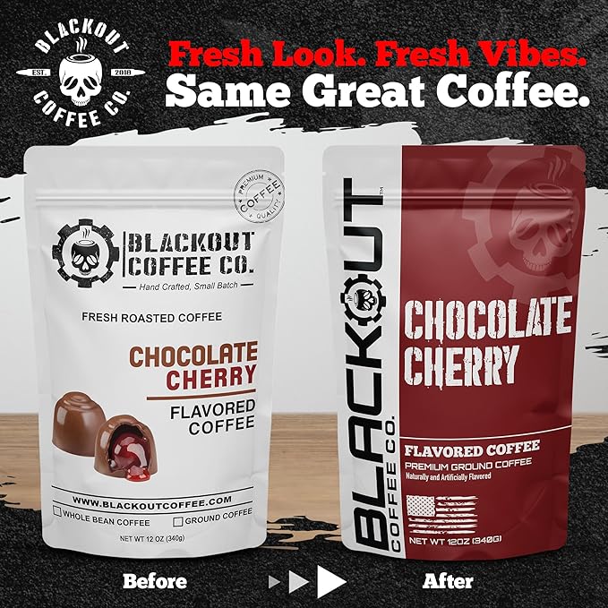 Blackout Coffee Chocolate Cherry Flavored Ground Coffee – Medium Roast, Smooth Taste, Guilt-Free Indulgence – Freshly Roasted 12oz Pouch.