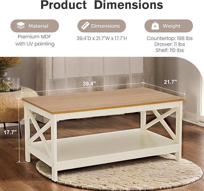 PHI VILLA Farmhouse Coffee Table for Living Room, White Coffee Tables with Storage Rustic Style Modern End Table Set