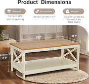 PHI VILLA Farmhouse Coffee Table for Living Room, White Coffee Tables with Storage Rustic Style Modern End Table Set