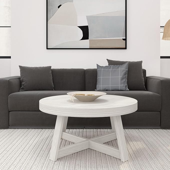 Plank+Beam Classic Round Coffee Table, 36" Farmhouse Coffee Table, Mini Center Tables for Small Spaces, Small Living Space Tea Table, White Sand Wirebrush