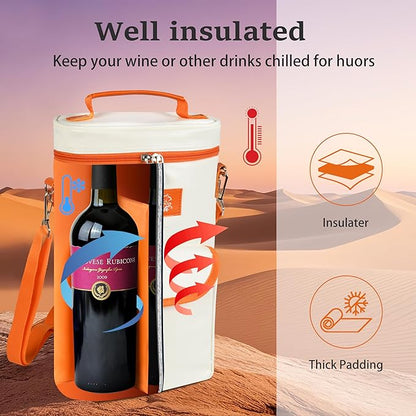 Tirrinia 2 Bottle Wine Gift Tote Carrier - Leakproof & Insulated with large pockets Wine Cooler Bag for Travel, Wine Tasting, Party, Dinner, Great Gift for Wine Lover,White Orange