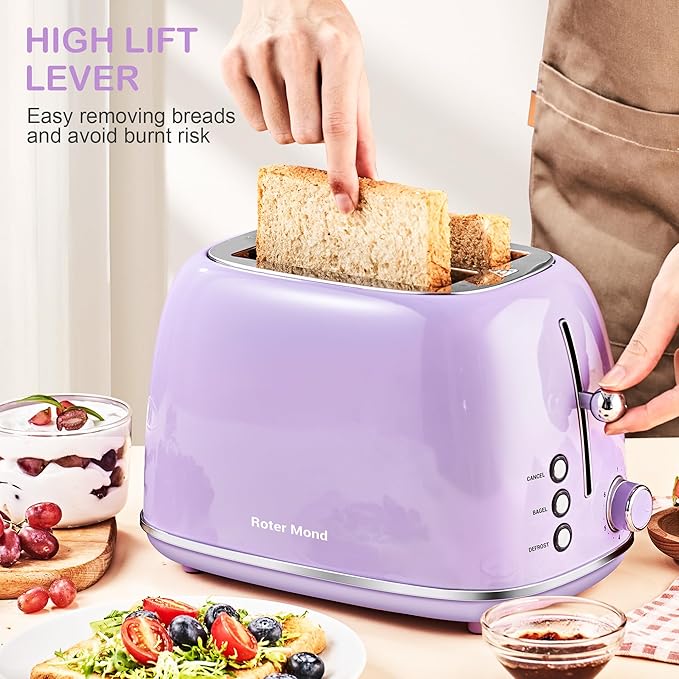 Roter Mond 2 Slice Toaster Retro Stainless Steel with Bagel, Cancel, and Defrost Functions, 6 Bread Shade Settings, Extra Wide Slots and Removable Crumb Tray, Lavender-Purple