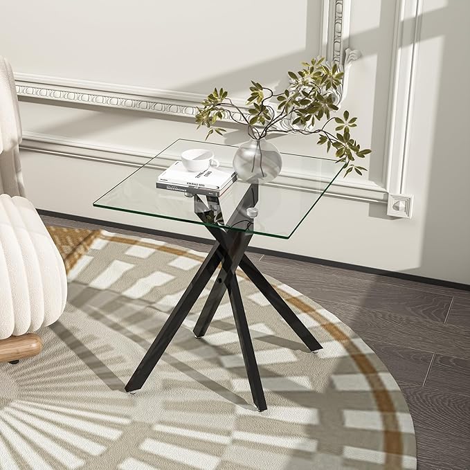Black Glass Coffee Table Set of 3 Modern End Table Living Room Side Table, Geometric Metal Legs 47.2 Inch Clear Rectangle Center Cocktail Tables, Black