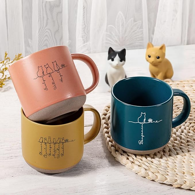 Custom Mug 12 oz Pet Silhouette – Personalized Coffee Mug with Line Art Name – Customized Gifts for Pet Owners (Cat)