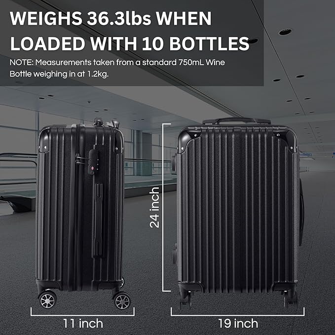Wine Bottle Suitcase | Holds 10 Standard 750 ML Size Bottles | Universal Airplane Luggage Case, TSA Approved Wheeled Bag For Professionals and Consumers, Gift For Wine Lovers & Connoisseurs (24 IN)