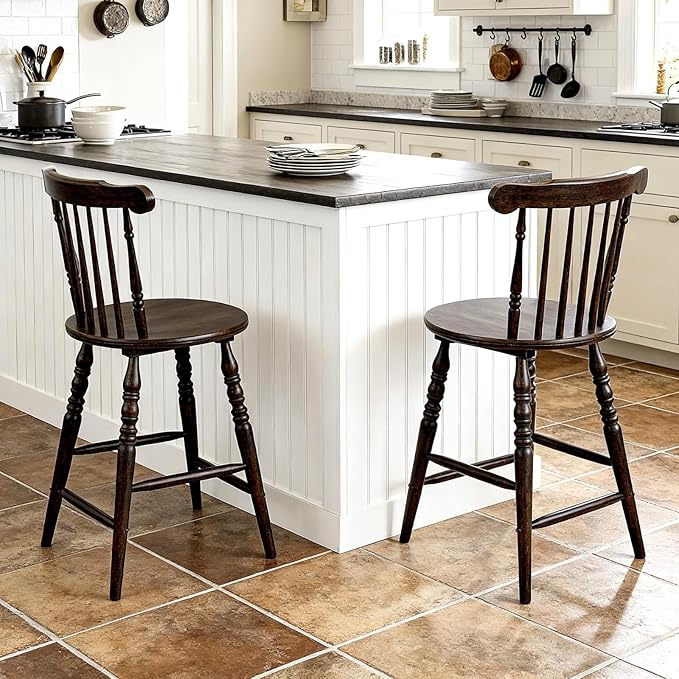 chairus 24" Windsor Counter Height Bar Stools Set of 4, Farmhouse Wooden Counter Stools with Spindle Back & Turned Legs, Rustic Vintage Colonial Bar Chairs for Kitchen Island, Antique Brown