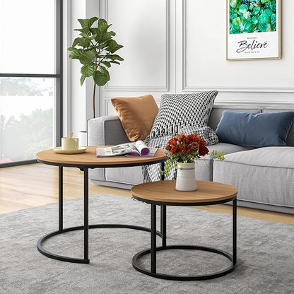 Industrial Round Coffee Table Set of 2 End Table for Living Room,Stacking Side Tables, Sturdy and Easy Assembly,Wood Look Accent Furniture with Metal Frame,Black+Teak OAKDK