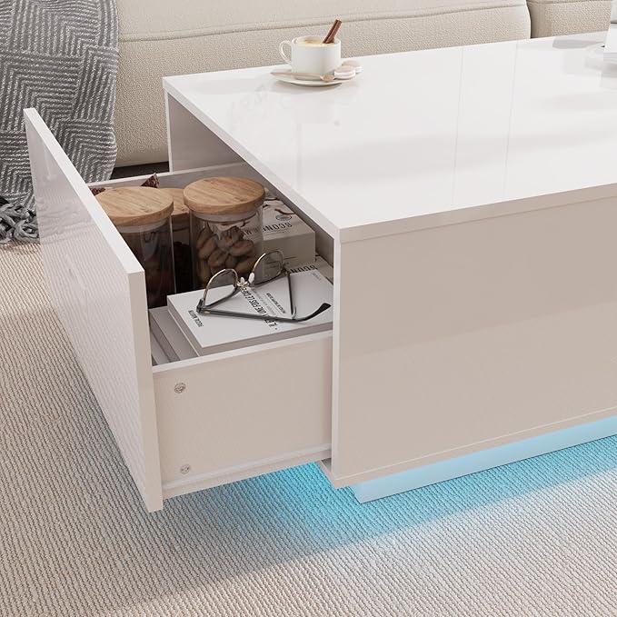 41" LED Coffee Table with 2 Drawers - High Gloss White Modern Table with Lighting for Living Room (41.33" W x 23.62" D)