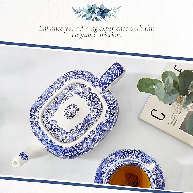 Spode Blue Italian Teapot with Infuser - 40 oz Countryside-Inspired Ceramic Teaware for Afternoon Tea, Earthenware Brunch Tableware, Vintage-Inspired Tea Party Hosting
