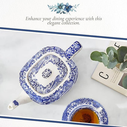 Spode Blue Italian Teapot with Infuser - 40 oz Countryside-Inspired Ceramic Teaware for Afternoon Tea, Earthenware Brunch Tableware, Vintage-Inspired Tea Party Hosting