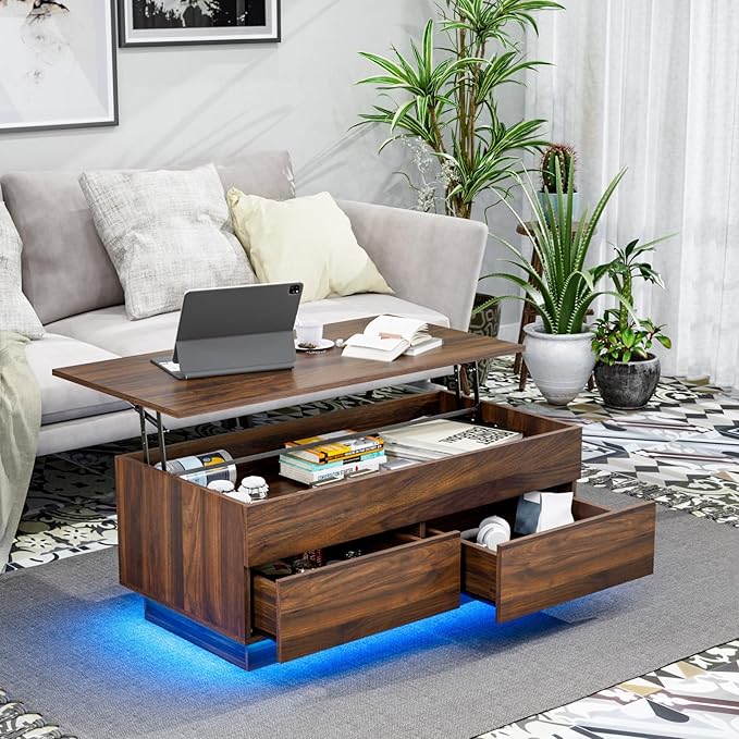 HOMMPA Modern Lift Top Coffee Table with Storage for Living Room, LED Coffee Table, Wooden Lift Table Top Dining Table with 2 Drawers Hidden Compartment & Metal Frame, Walnut