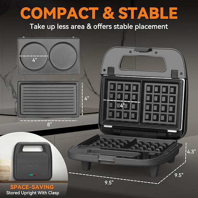 Baker’s Friend 3 in 1 Mini Waffle Maker with Removable Plates, Dual Waffle & Pancake and Grill Plates, Breakfast Sandwich Maker Press, Dishwasher Safe, Non-stick Coating, Graphite