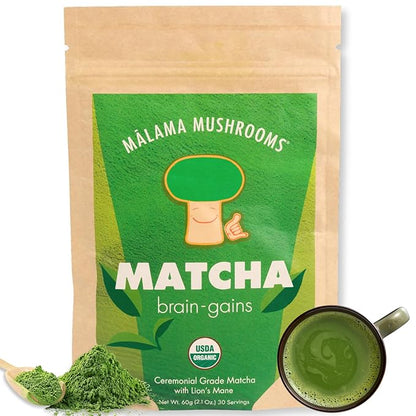 Malama Ceremonial Grade Matcha Powder - Premium Japanese Matcha Green Tea Powder with Organic Lion’s Mane Extract - Organic, Gluten-Free, Vegan, & Unsweetened (2.1 oz) for Energy & Focus