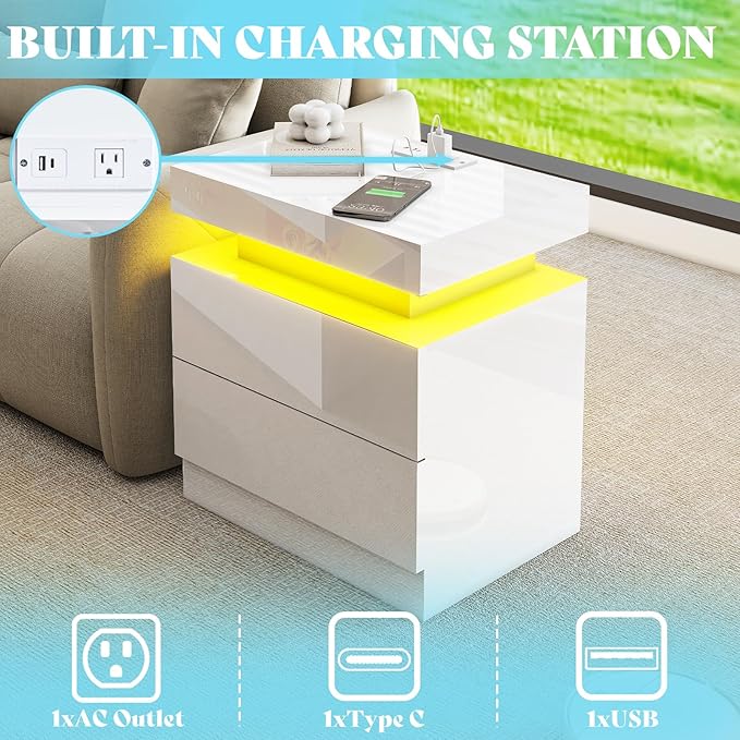 AMERLIFE High Gloss 3 Pieces Living Room Table Set, Modern LED Coffee Table Sets of 3, 2-Tier Center Table with 2 End Side Tables, LED Lights Bedside Table Nightstands with Charging Station, White