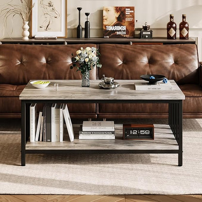 Homeiju Coffee Table for Living Room with Slatted Sides Frame, Modern Farmhouse Living Room Table with 2-Tier Storage Shelf for Home Office, Apartment, 39 inch Grey Wash