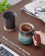 Load image into Gallery viewer, ZENS Embossed Ceramic Tea Mug with Infuser and Lid, 14.5 oz Wooden Handle, Loose Leaf Tea Steeper Cup &amp; Strainer for Tea Lovers Gifts