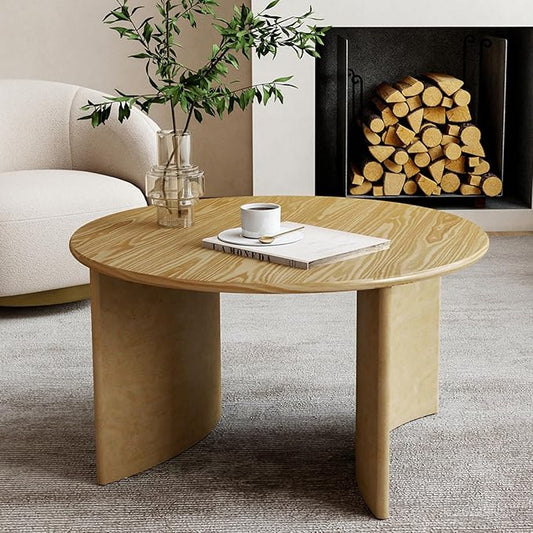 31.5″ Round Coffee Table, Natural Wooden Circle Coffee Table with Curved Base, Solid Wood, Ideal for Living Room, Apartment, Compact Place