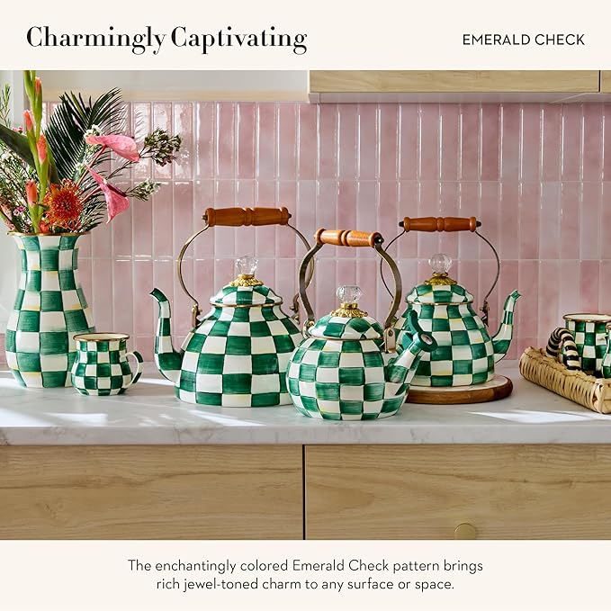 MACKENZIE-CHILDS Enamel Whistling Tea Kettle, Decorative Teapot, Green-and-White Emerald Check