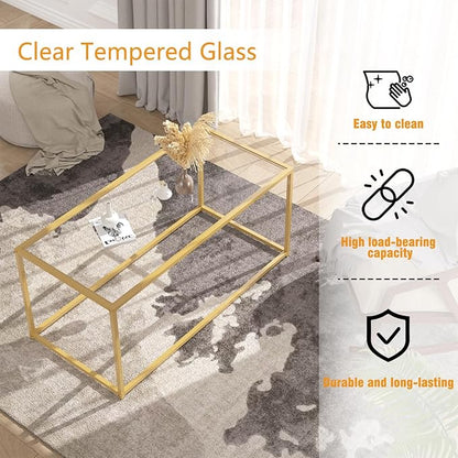 Tempered Glass Coffee Table - Minimalist Center Table for Living Room, Office - Modern Top With Sturdy Metal Frame & Open Storage - Easy Assembly, Gold